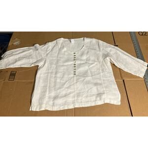 Mosaic USA Linen Pearl Button Tunic Top, 3/4 Sleeve White, Large, Lagenlook Boxy